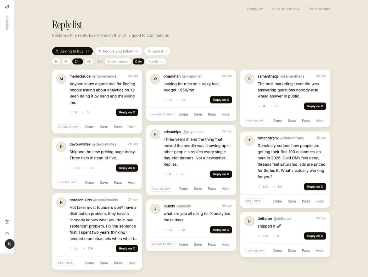 The replylane reply list. Posts to reply to, grouped as Asking to buy, People you follow, and Saved.