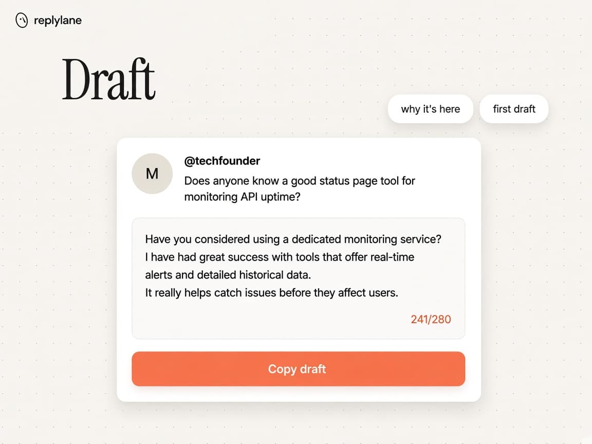 Draft panel with a post, a reply draft, and character count.