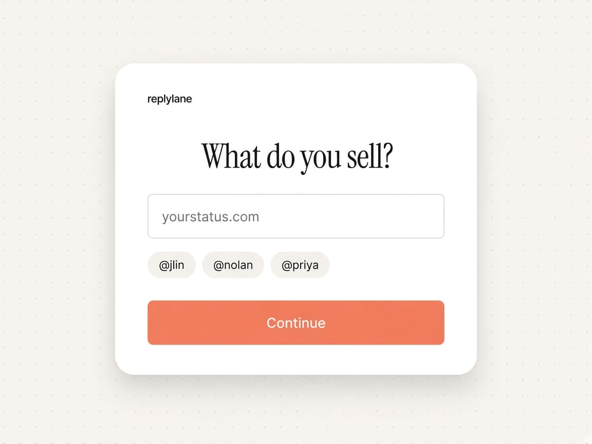 Setup screen asking what you sell, with a website field and a few X handles.