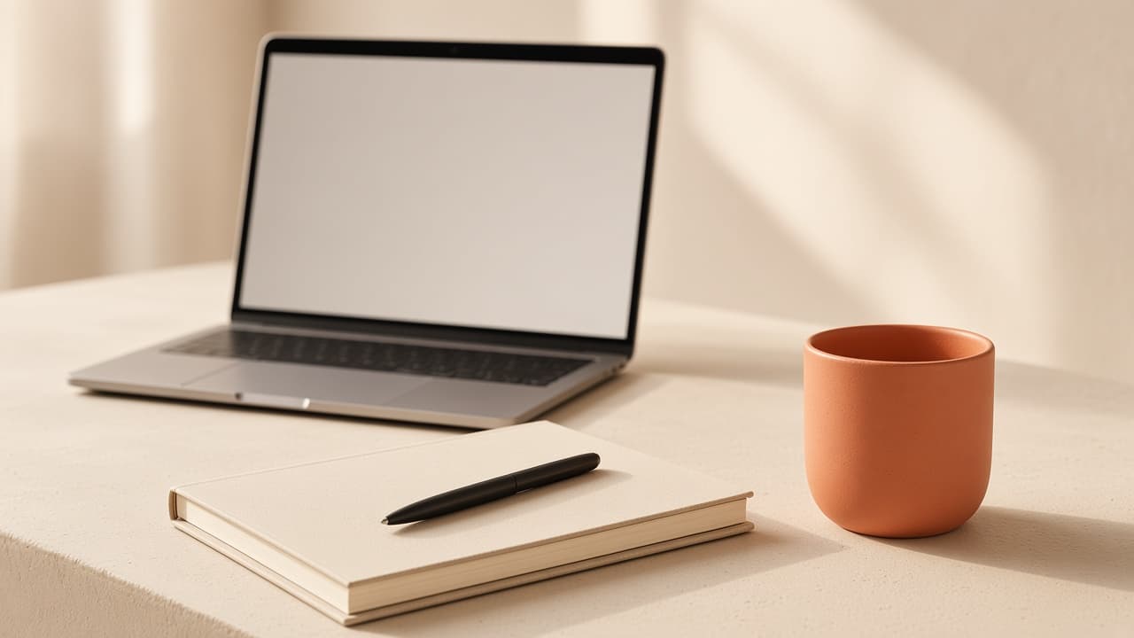 Quiet desk with a laptop open to a soft cream interface.